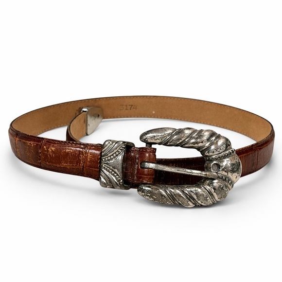 Emmon Accessories - Vtg 97 Ermen Belt Co. Italian Calfskin Leather Belt Brown Silver Western Sz M​